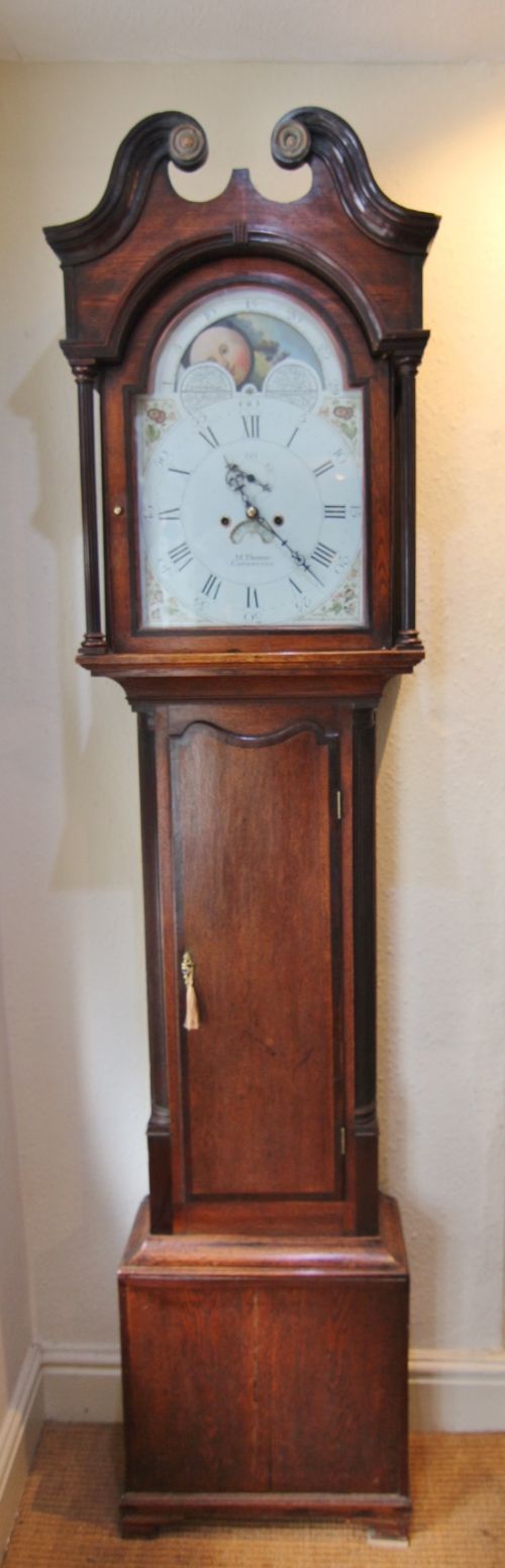 18th century welsh moon dial longcase clock ' m thomas caernarfon'