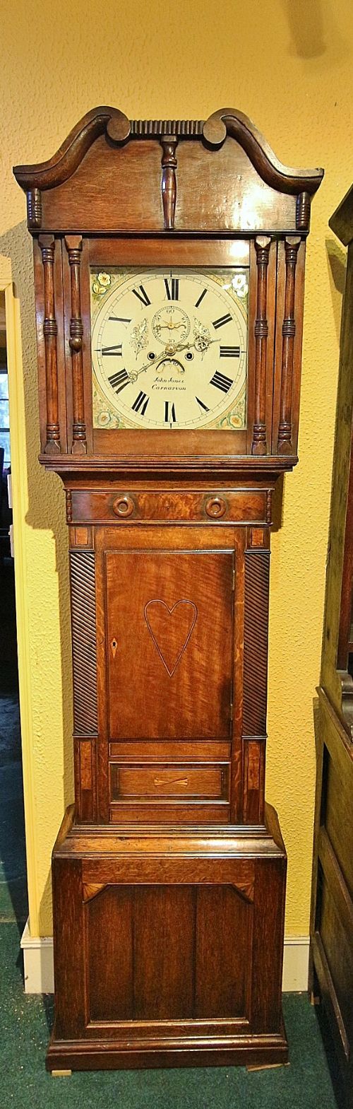 charming 19th century welsh oak inlaid heart fruitwood 8 day longcase clock 'j jones caernarfon'