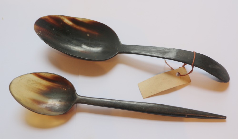 two large fine welsh late georgian shaped horn spoons