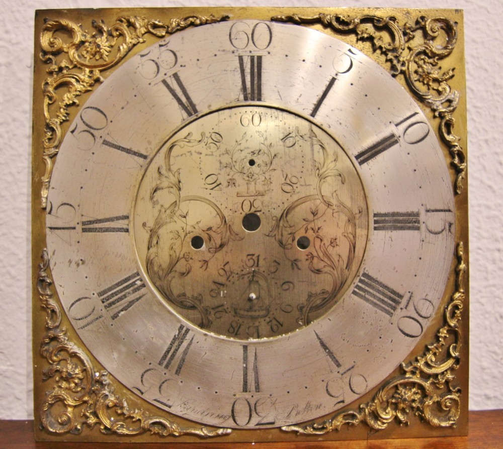 18th century brass 8 day longcase clock dial 'standring of bolton'