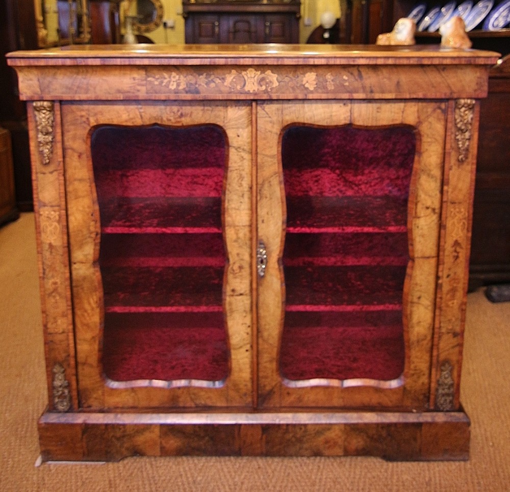 19th century compact 2 door burr walnut inlaid display cabinet