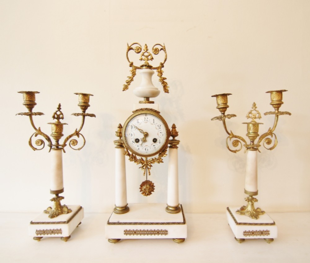 19th century whitw marble clock set