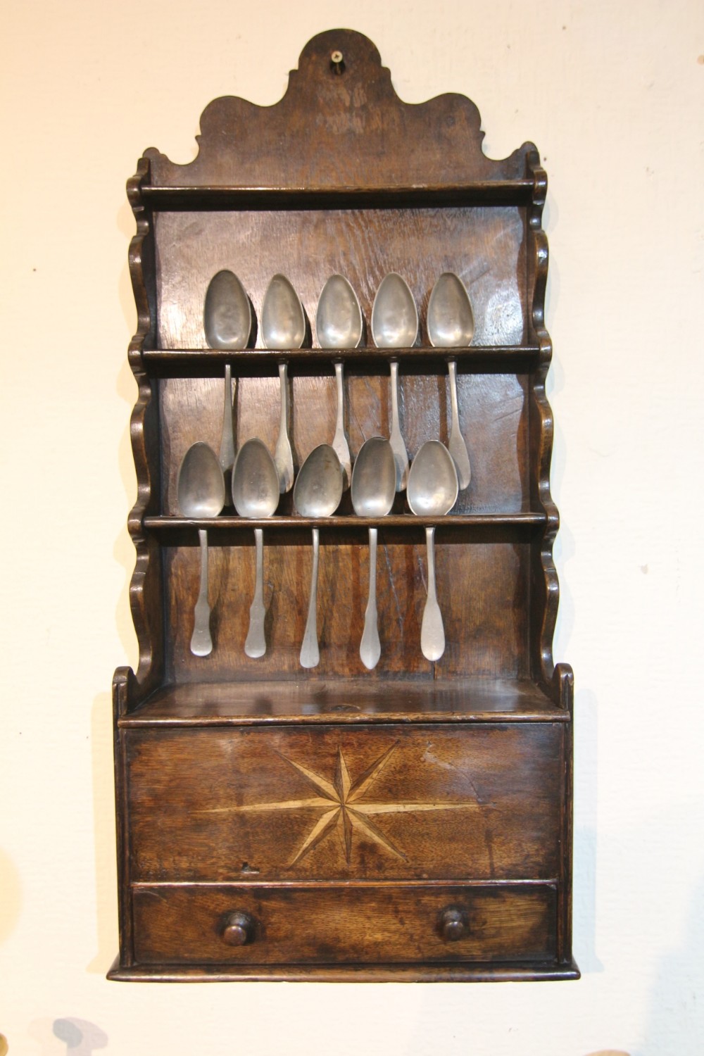 georgian inlaid oak spoonrack pewter spoons