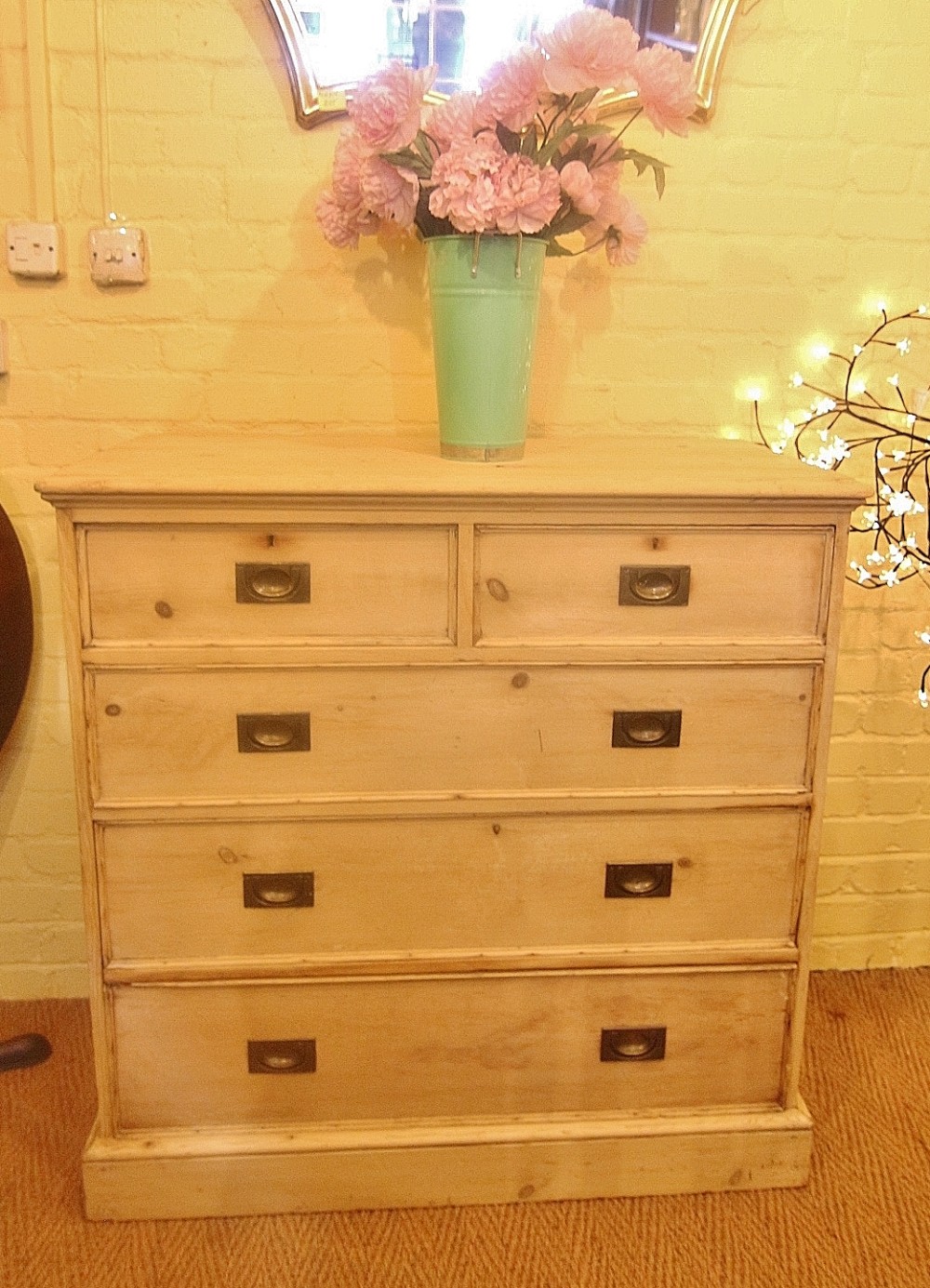19th century campaign style pine chest of 5 drawers